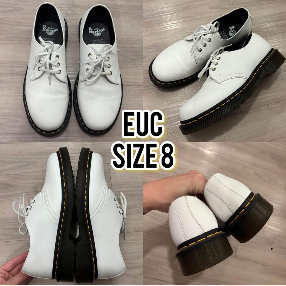 Dr. Martens White 3-Eye Leather Oxfords with Yellow Stitching
